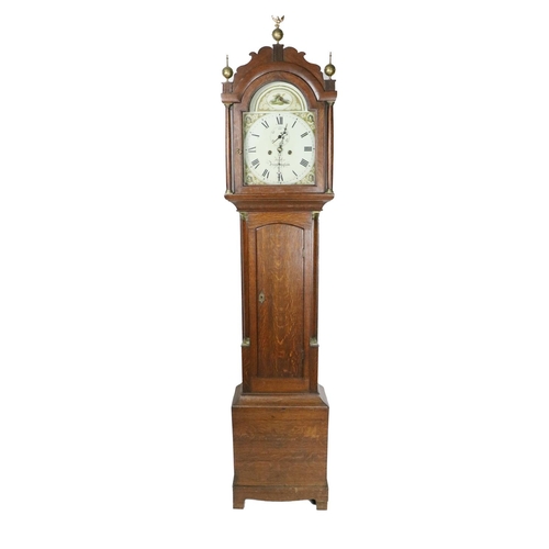 783 - A 19th Century oak cased Grandfather Clock, the hood with ornate brass finials housing a painted arc... 