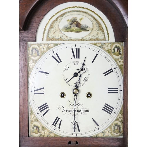 783 - A 19th Century oak cased Grandfather Clock, the hood with ornate brass finials housing a painted arc... 