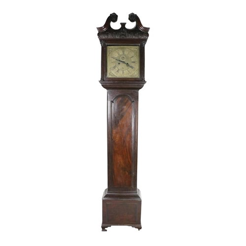 791 - An important Irish Georgian mahogany Grandfather Clock, the hood with swan neck pediment carved rose... 