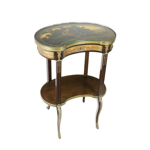 795 - A 19th Century hand painted kidney shaped mahogany Table, the top with pierced brass gallery inset w... 