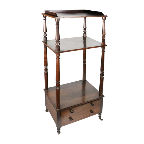 803 - A William IV rosewood three tier Whatnot, of narrow proportions, the gallery back over two shelves s... 