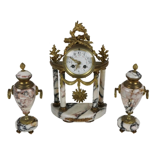 805 - An attractive French ormolu and marble Clock Garniture, the pillar design clock with ormolu mounted ... 