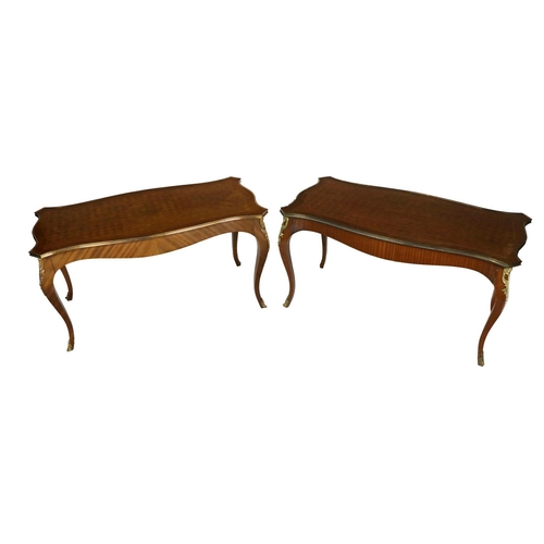 819 - A pair of attractive kingswood Louis XV style Low Tables, each with chequered top and thick ormolu b... 