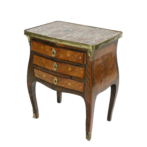 822 - An attractive 19th Century miniature or apprentice piece three drawer Commode, the marble inset top ... 