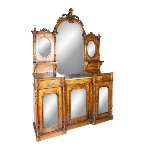 829 - A Victorian walnut mirror back Sideboard Cabinet, with central arched mirror with carved cartouche f... 