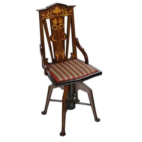 846 - An Edwardian inlaid Swivel Chair, decorated in the Art Nouveau style with striped fabric seat. (1)... 