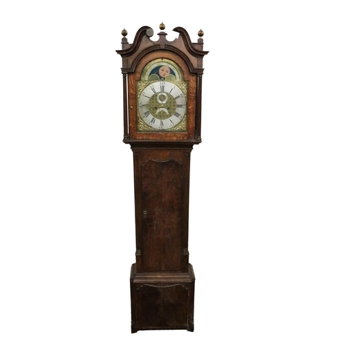 852 - A 19th Century English oak cased Grandfather Clock, the swan neck pediment with brass finials over a... 