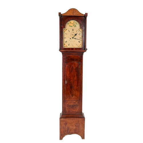 861 - An Irish Provincial mahogany cased Grandfather Clock, the hood with arch top and sunburst satinwood ... 