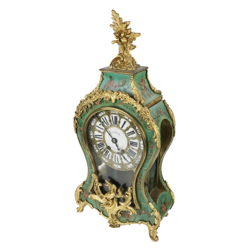 864 - A 19th Century French painted and ormolu Mantle Clock, the cornice with ornate leaf decorated finial... 