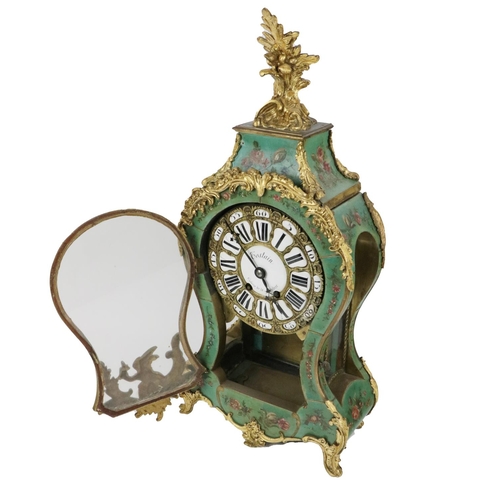 864 - A 19th Century French painted and ormolu Mantle Clock, the cornice with ornate leaf decorated finial... 