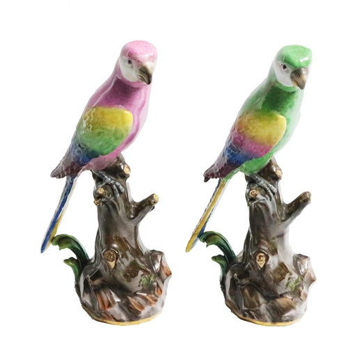 883 - An attractive pair of 20th Century Meissen Figures of Parrots, naturalistically modelled with plumag... 