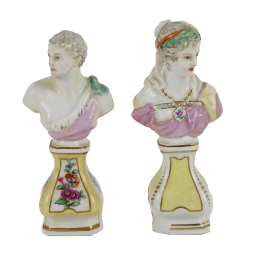 885 - Two miniature Continental porcelain hand painted Figures, possibly Sevres, of a male and female in c... 