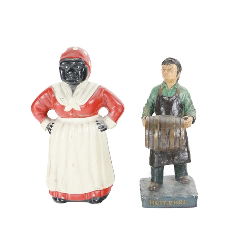 886 - An advertisement painted porcelain Figure, of a cooper with barrel in hand for 