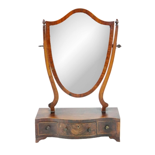 893 - A Georgian mahogany Dressing Table Mirror, with shield shaped mirror on scrolling supports, the serp... 