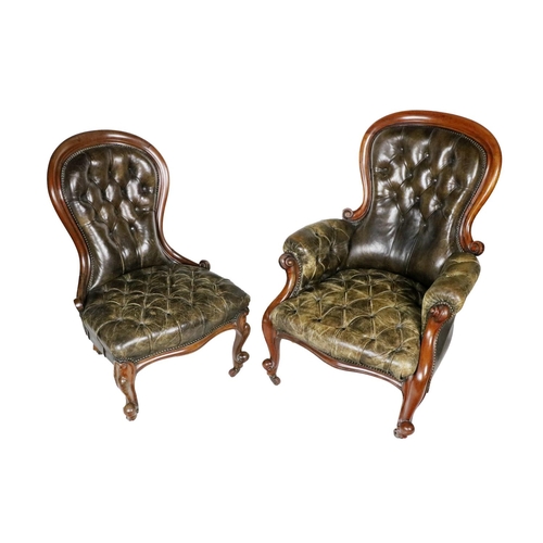 895 - An Irish Victorian mahogany framed Gentleman's Armchair, covered in green deep button leather on fro... 