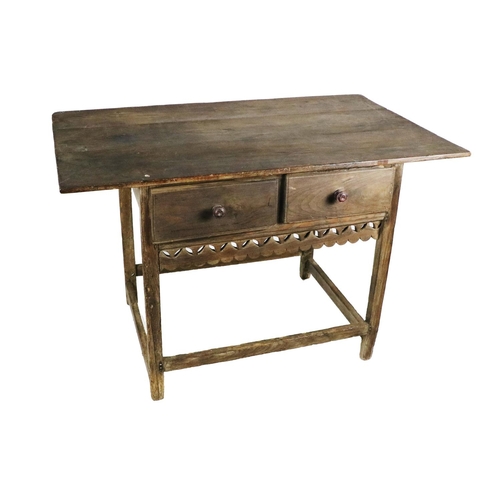 912 - A late 18th Century French Provincial Side Table, with plank top over two frieze drawers and pierced... 