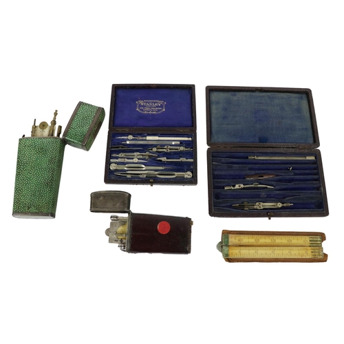 914 - Architectural Instruments:  A green shagreen cased Mathematical Set, with part items stamped 'I. Ash... 