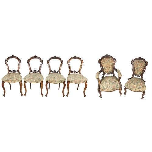 929 - A Victorian 6 piece walnut Parlour Suite, in the manner of Strahan, Dublin, with carved backs, padde... 