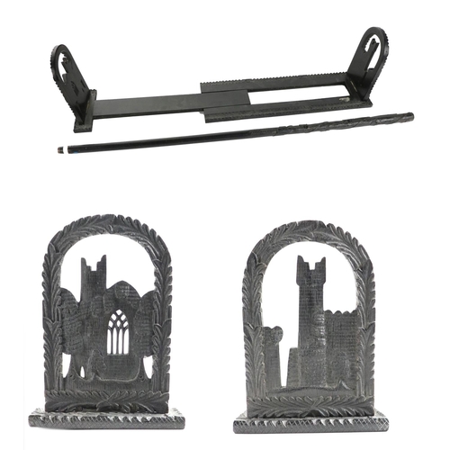 959 - A 19th Century Irish bog oak Table Bookstand, each end with pierced carved design of Abbey Ruins, an... 