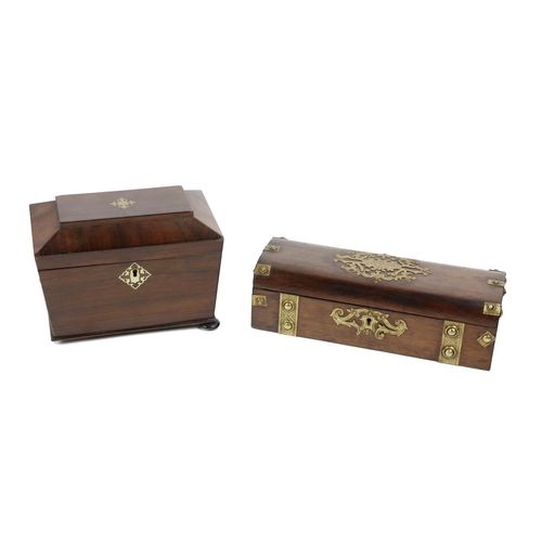 1000 - A Regency rosewood Tea Caddy, of sarcophagus inlay, opening to reveal fitted interior, on bun feet; ... 