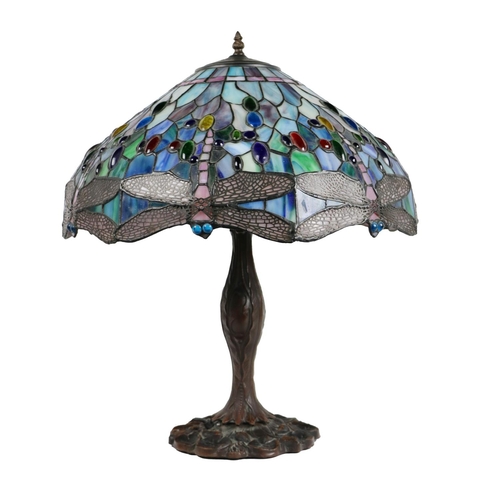 1015 - A large Tiffany style Dragonfly Table Lamp, the glass shade of blue and turquoise colour with multip... 