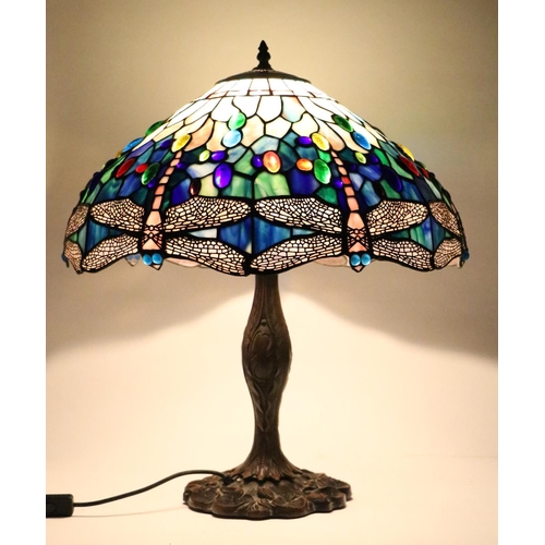 1015 - A large Tiffany style Dragonfly Table Lamp, the glass shade of blue and turquoise colour with multip... 