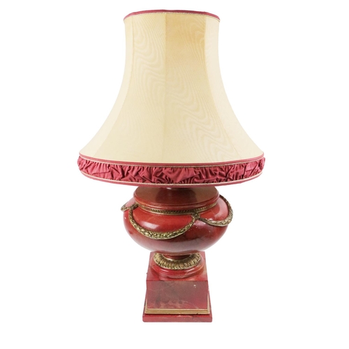 1016 - A modern assimilated marble vase design Table Lamp, with cream and red shade on a plinth base. (1)... 