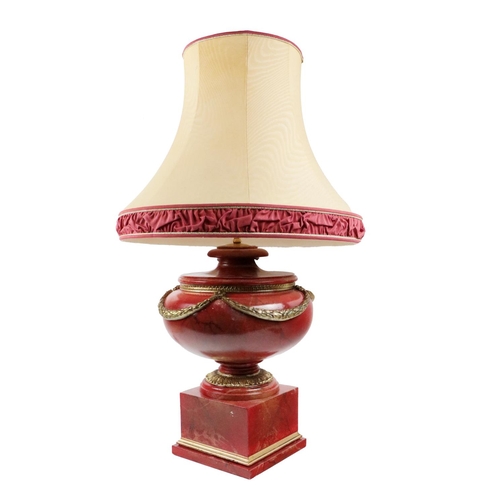 1016 - A modern assimilated marble vase design Table Lamp, with cream and red shade on a plinth base. (1)... 