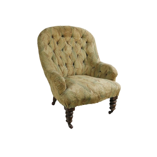 973 - A Victorian Tub Armchair, covered in green deep button fabric on front turned legs, with castors. (1... 