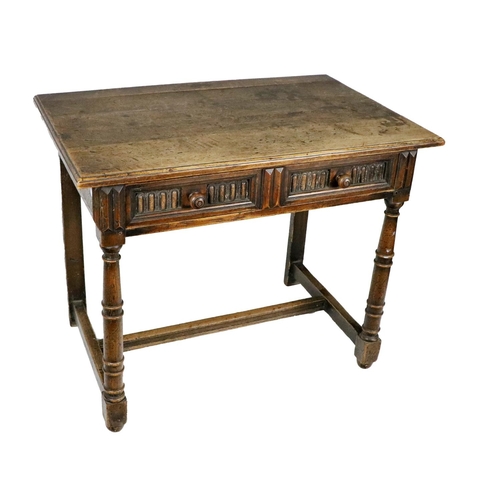 982 - A late 18th Century / early 19th Century oak Side Table, the plain moulded top over a single frieze ... 