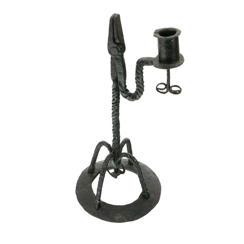 990 - A good large late 18th Century wrought iron Rush Light, with twisted pillar supports, circular base ... 