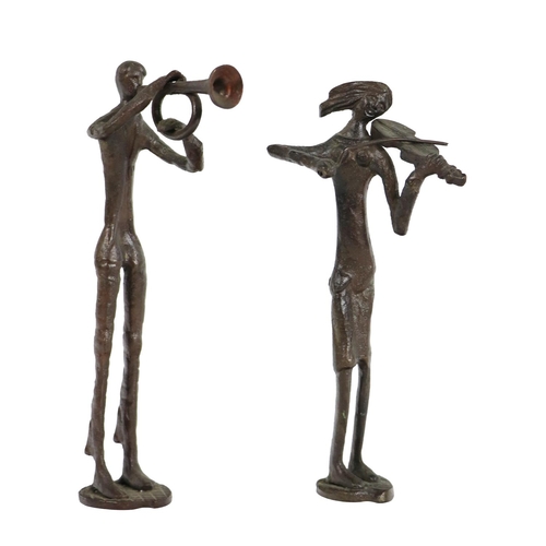 991 - 20th Century Irish SchoolA pair of bronze Figures, the male playing brass instrument, the lady playi... 