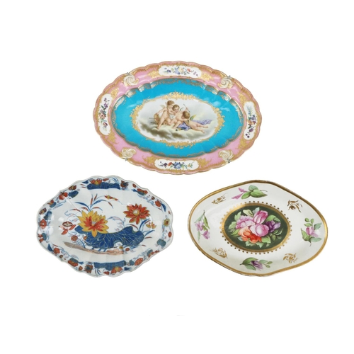 998 - An attractive French oval Dish, pink ground border with panels of flowers, and the royal blue ground... 