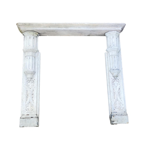 447 - A Gothic Revival granite Fire Surround, with main decorated mantel and uprights (lacks shelf) approx... 