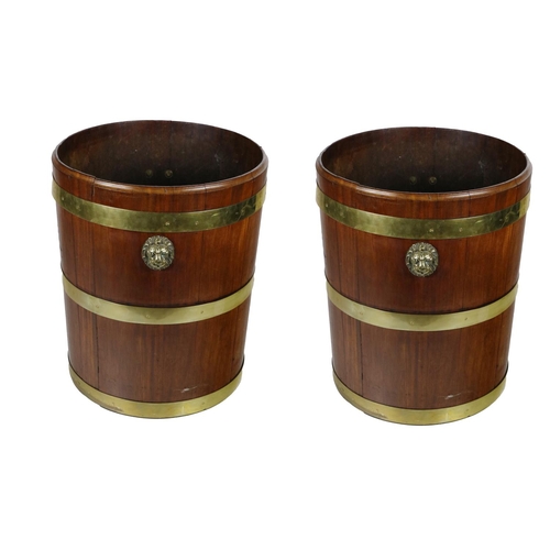 813 - A rare pair of Irish 19th Century oversized mahogany Fuel Buckets, the latted form with moulded top ... 