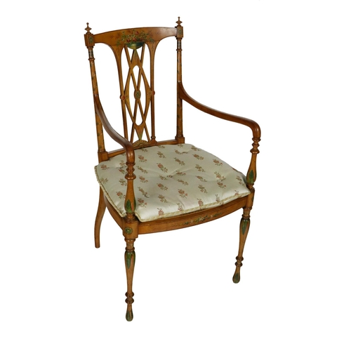 860 - An attractive 19th Century satinwood Open Armchair, the splat back decorated with floral bouquet and... 