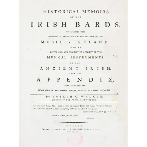 411 - Walker (Joseph C.) Historical Memoirs of The Irish Bards, 4to Dublin 1786. First Edn., eng... 