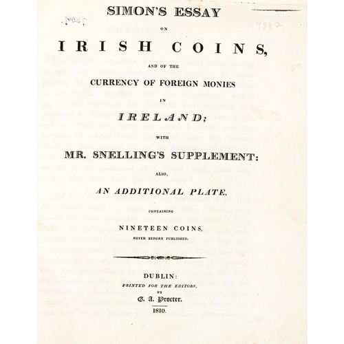 414 - Simon (James) Essay on Irish Coins, with Supplement. Lg. 4to Dublin 1810. First Edn., engd... 