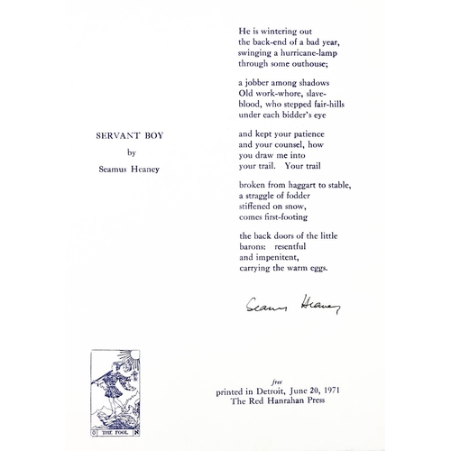 665 - Heaney (Seamus) Servant Boy, broadside, Detroit (Red Hanrahan Press) June 20th, 1971, [Free], i... 