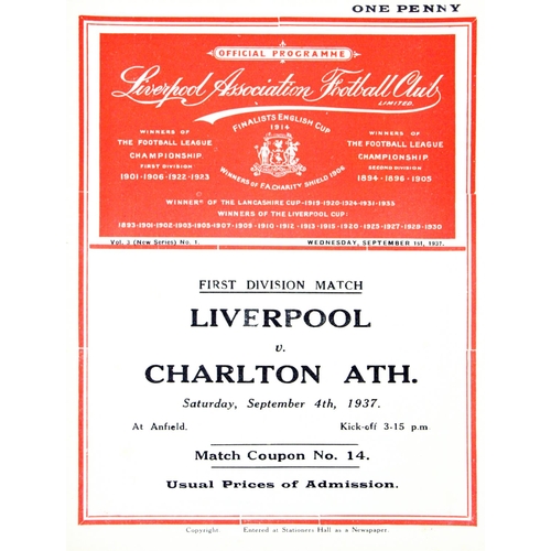 937 - Soccer: Liverpool F.C., Official Match Programme - Liverpool V. Charlton Athletic, 4.9.1937, 4t, L. ... 