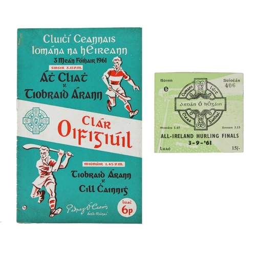 988 - G.A.A.: Hurling 1961, Clar Oifigiuil Cluichi Ceannais Iomana na hEireann, 3.9.1961, Dublin V. Tipper... 