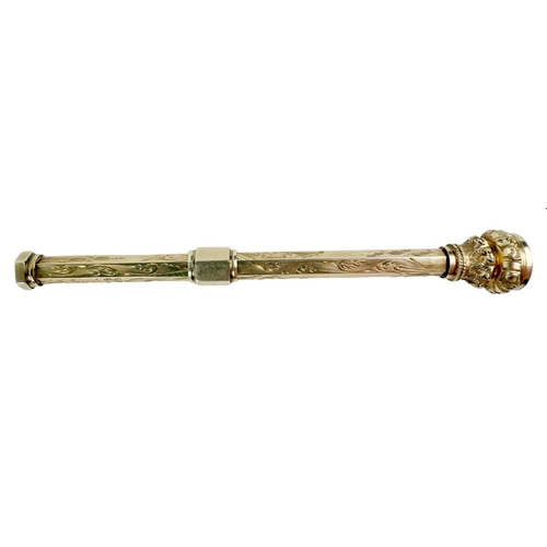 1104 - An elegant seal end etched design 9ct gold Propelling Pen, approx. 6 gms. (1)