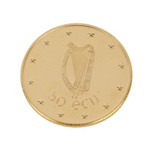 1154 - Gold Coin:  A 50 Ecu gold Coin, the obverse with Profile of Stag 'Eire, 1990, the reverse with centr... 