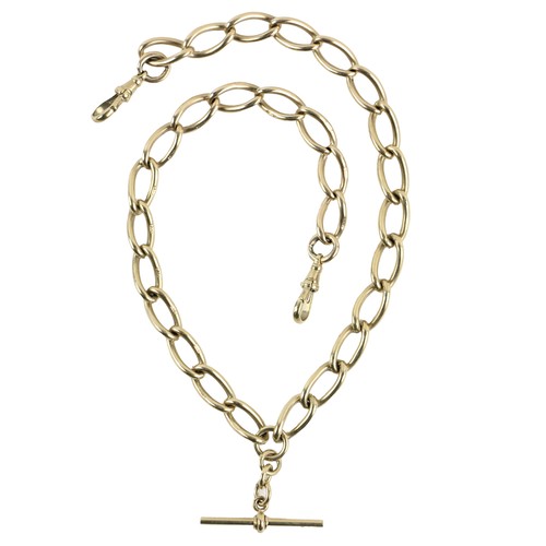 1105 - A fine quality 9ct gold link Watch Chain, with hinged clasps and T bar design, approx. 42cms (16 1/2... 