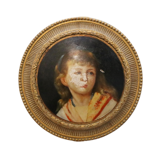 103 - A pair of attractive 19th Century oval concave design Panels, with painted young girls, in gilt fram... 