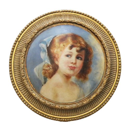 103 - A pair of attractive 19th Century oval concave design Panels, with painted young girls, in gilt fram... 