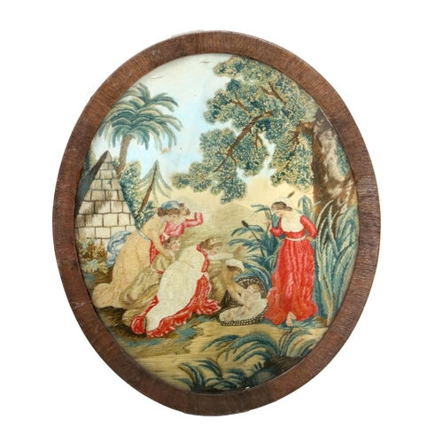 249 - A 19th Century oval Needlework Print, depicting the rescue of Moses; an 18th Century Bartolozzi colo... 