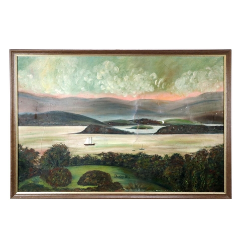 283 - 19th Century Naïve Irish School “View of Bantry Bay from Bantry House”, oils on board, Seascape with... 