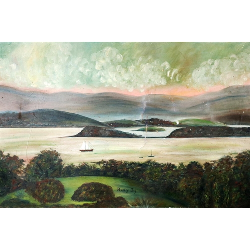 283 - 19th Century Naïve Irish School “View of Bantry Bay from Bantry House”, oils on board, Seascape with... 