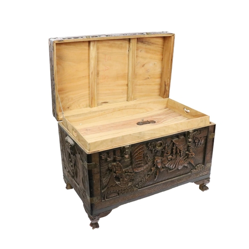 340 - A 20th Century carved hardwood camphorwood Chest, the top front and side panels decorated in relief,... 